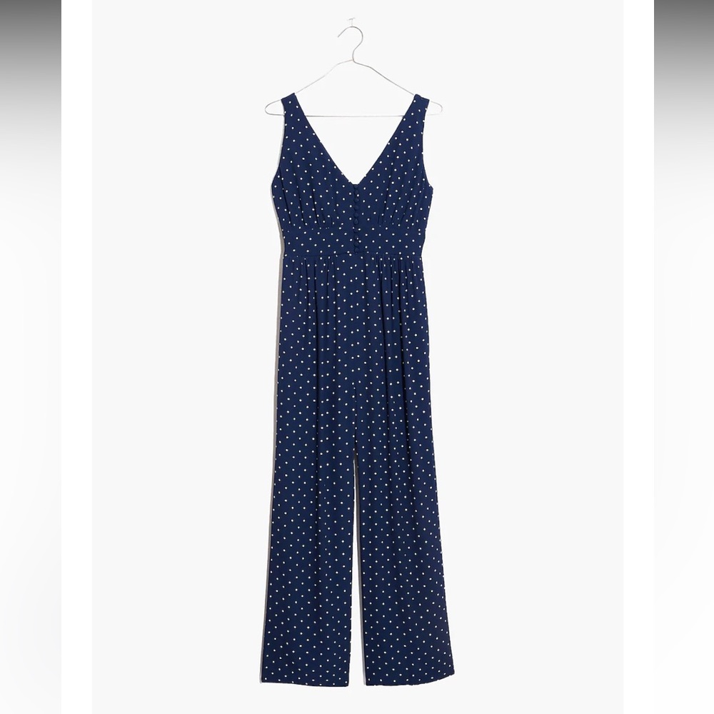 Madewell Navy Blue V-Back Wide Leg Jumpsuit in Polka Dot Size 2
